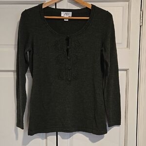 LOFT Dark Olive Green Long Sleeve Knit Top with Crochet Placket